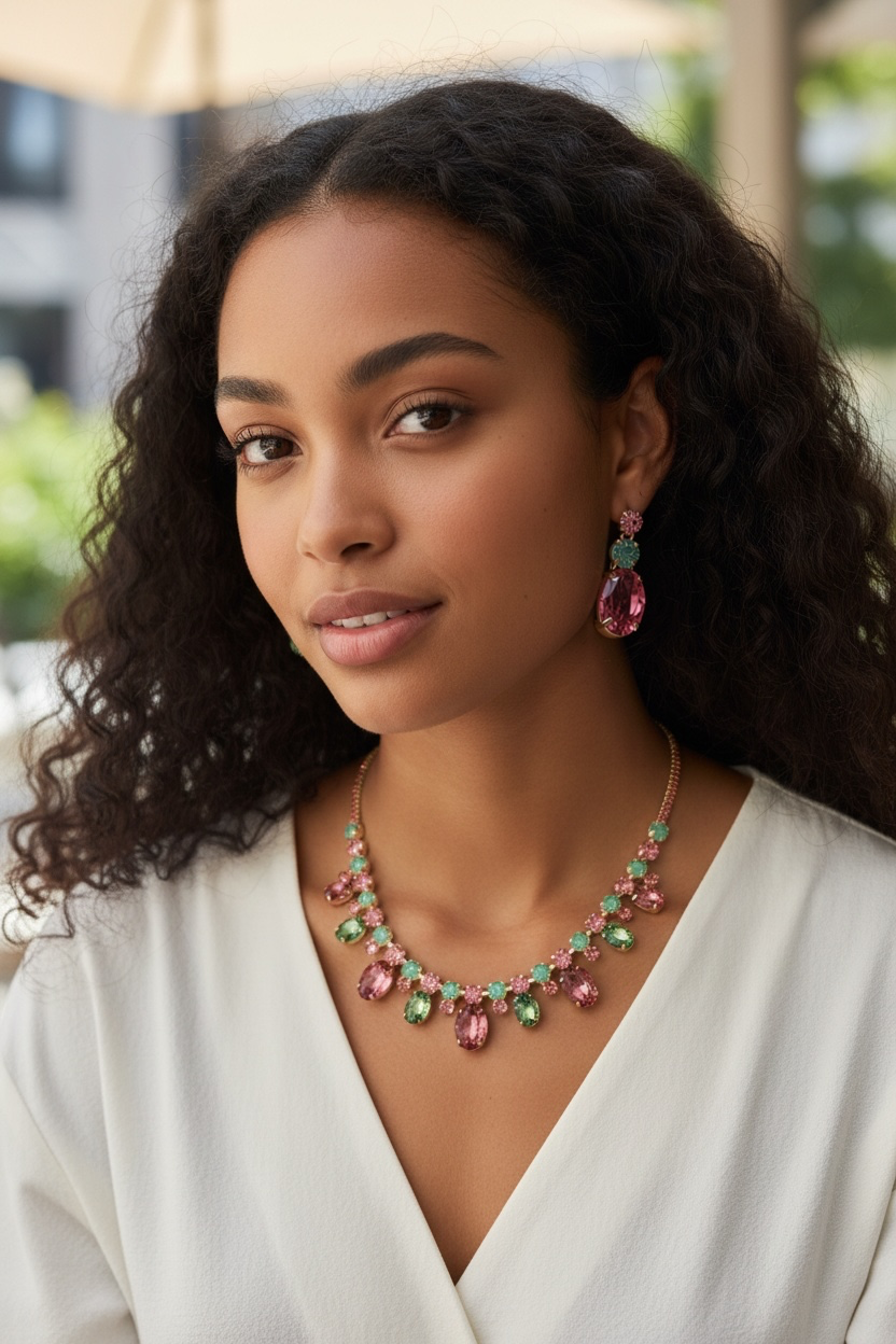 Round Pink and green opal necklace