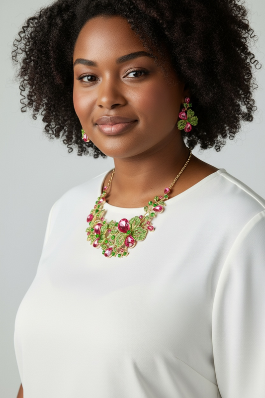 Green and pink flowers necklace