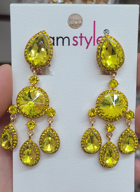 Yellow Rhinestone Clip On Earrings