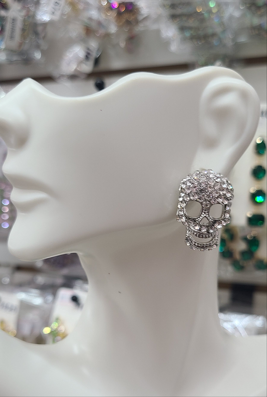 Silver rhinestone skull stud earrings