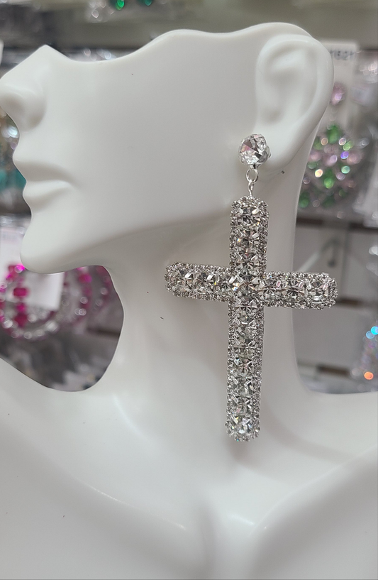 Silver rhinestone cross earrings