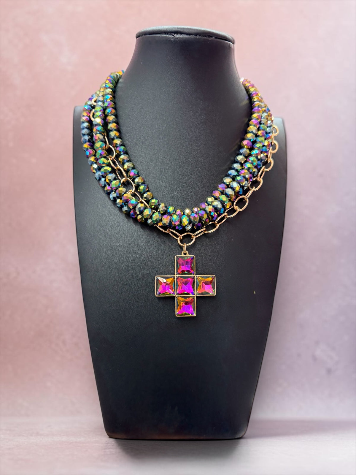 Oil slick Bead Cross Choker
