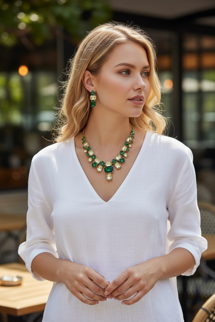 2 tone green necklace with gold