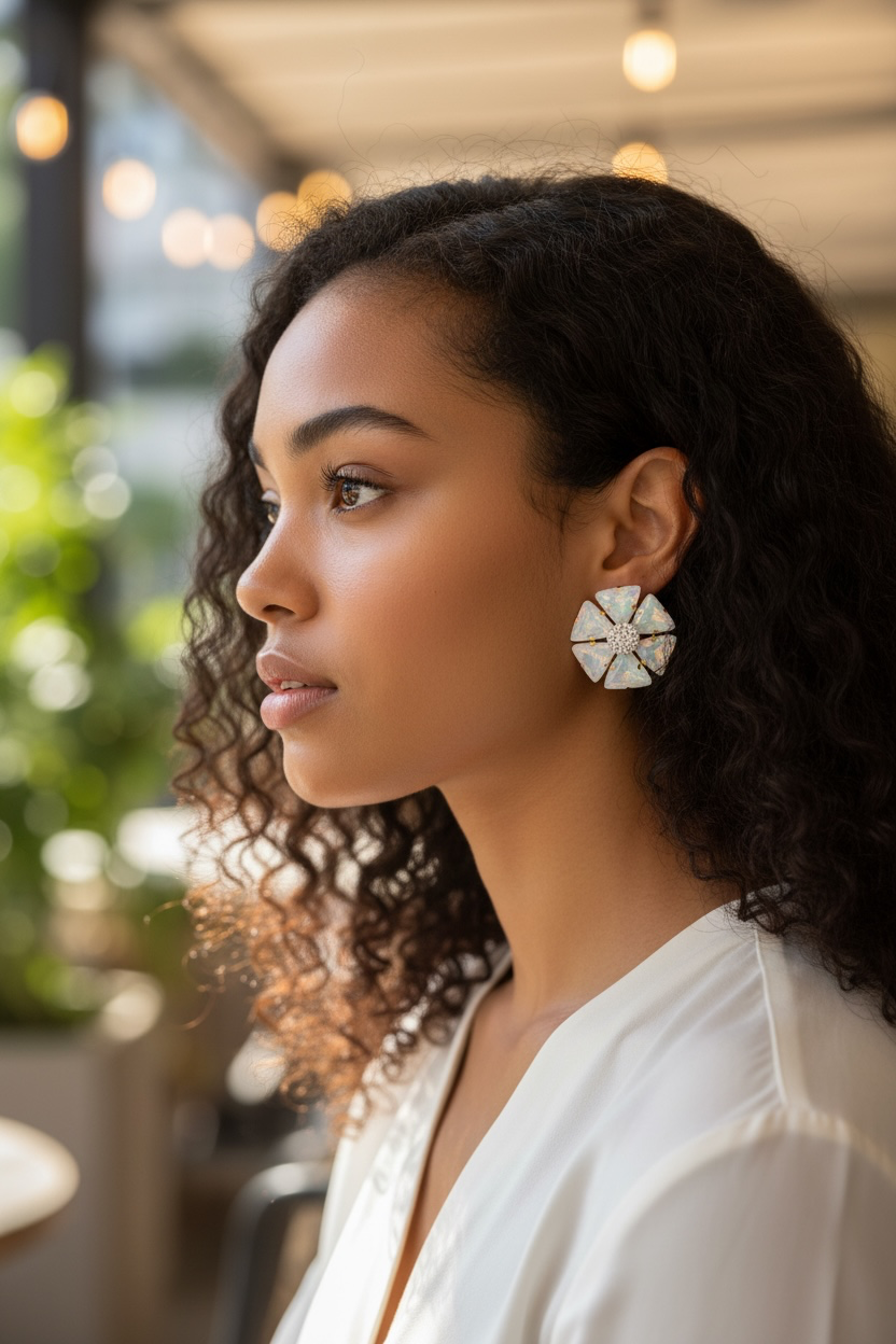 White opal flower earrings