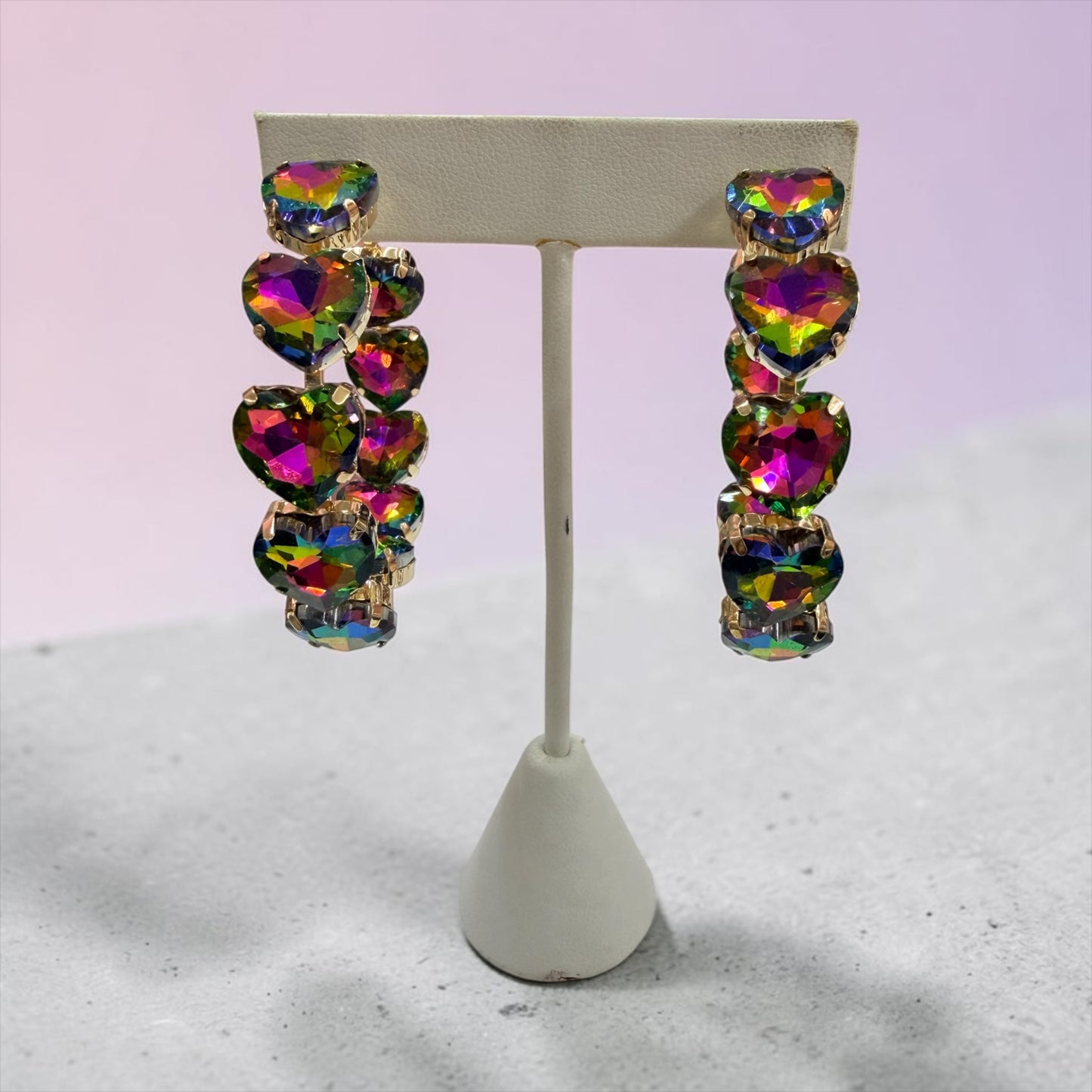 Oil slick heart hoop earrings