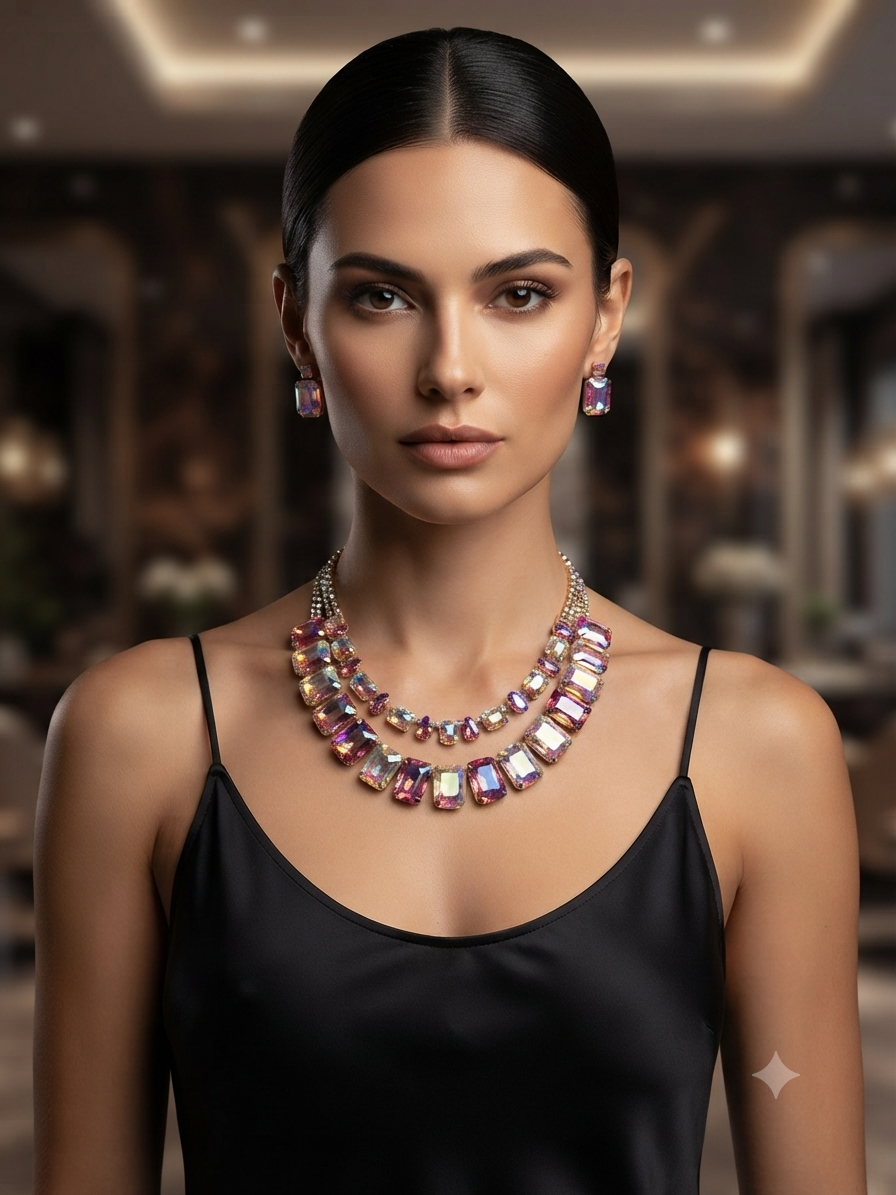 AB and pink ab rectangle necklace