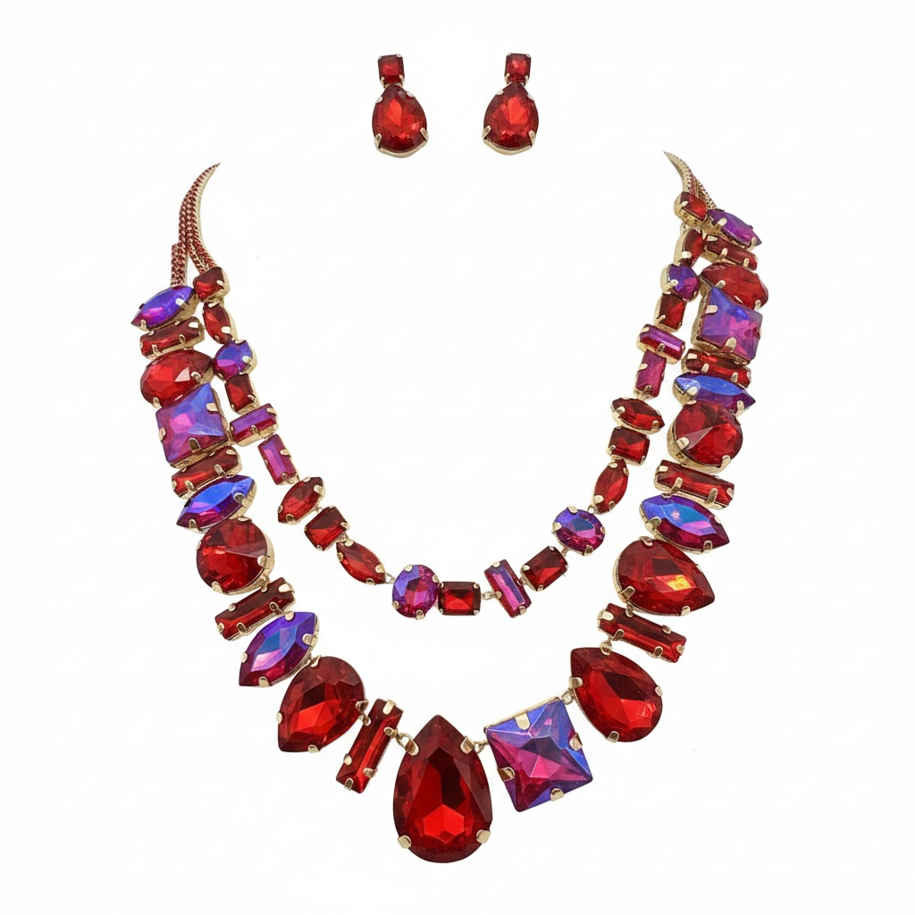 Hot pink ab and red multi stone necklace