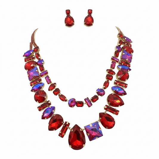 Hot pink ab and red multi stone necklace