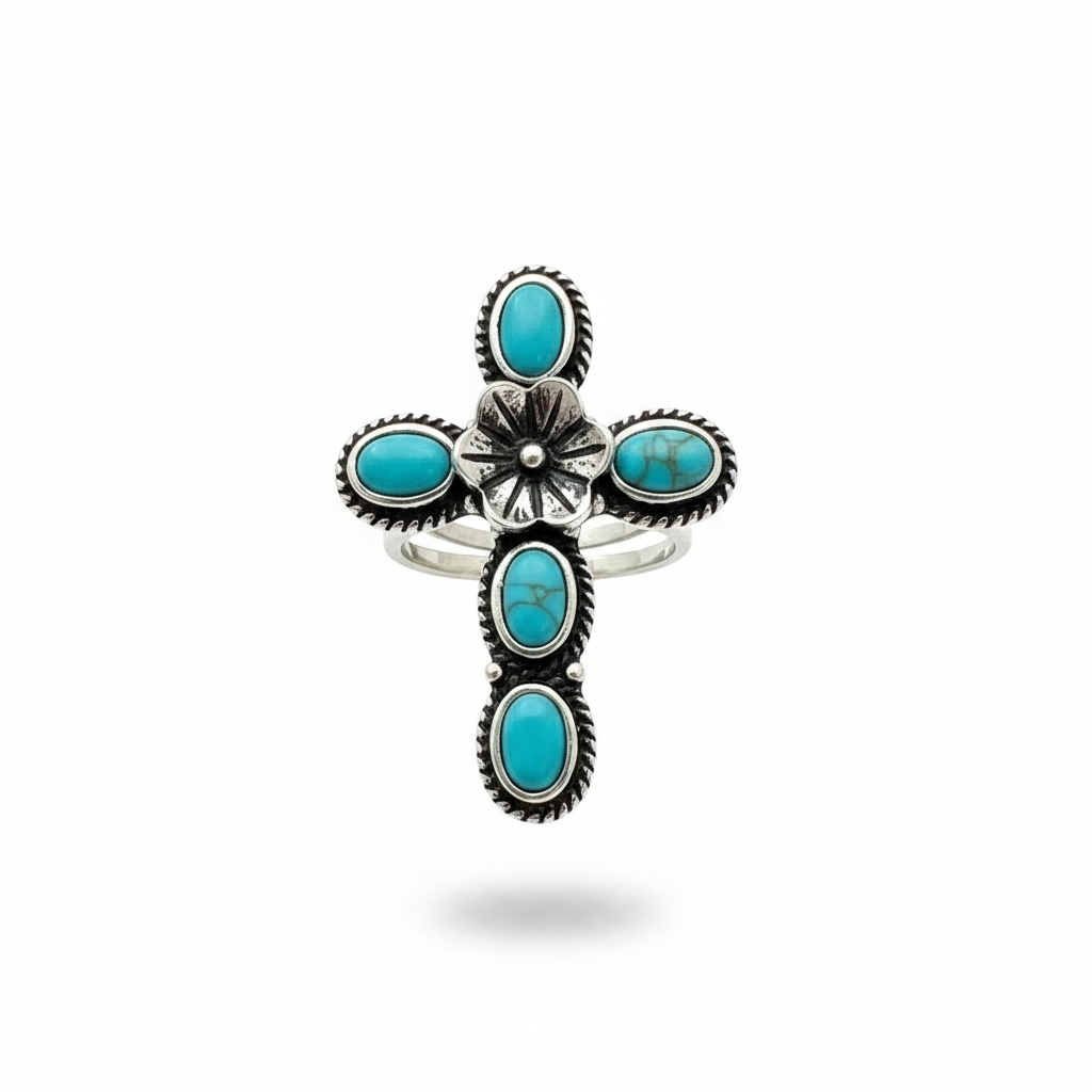 Turquoise cross ring with flowe