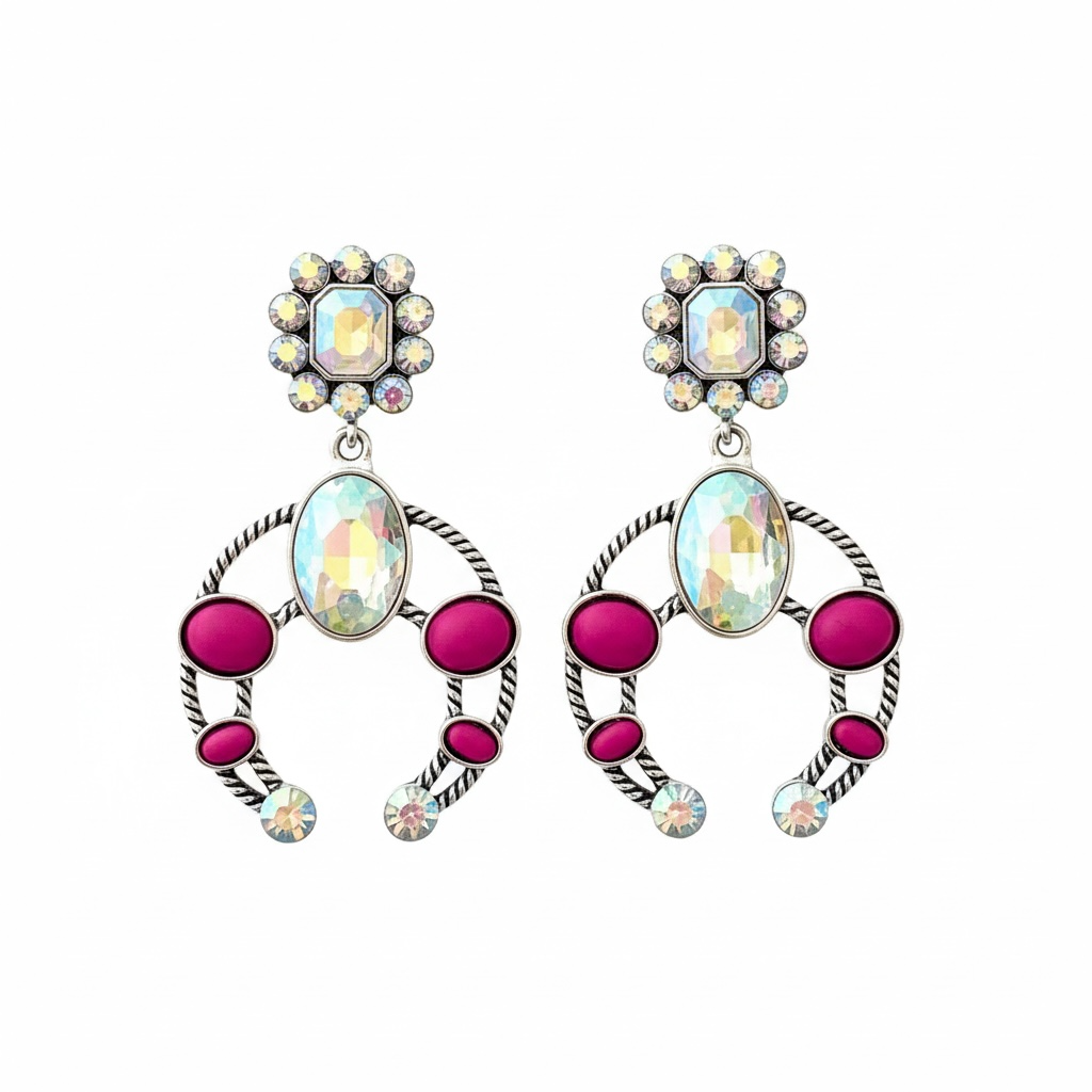 Horse shoe aB pink earrings