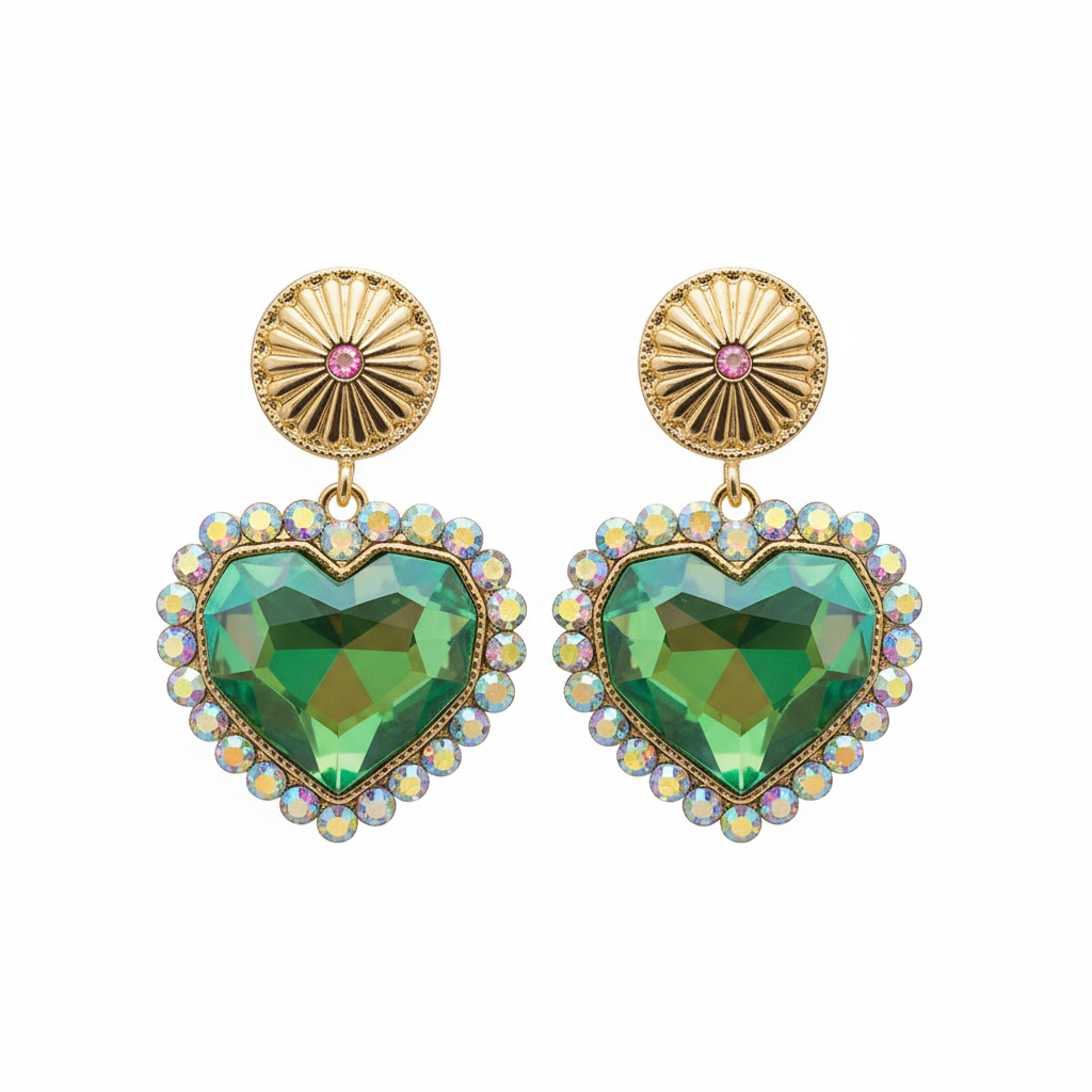 Heart green AB gold earrings