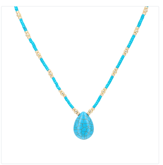 seed bead Blue stone  charm necklace