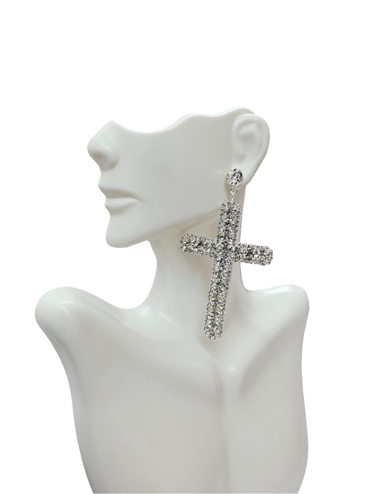 Silver Rhinestone Cross Earrings