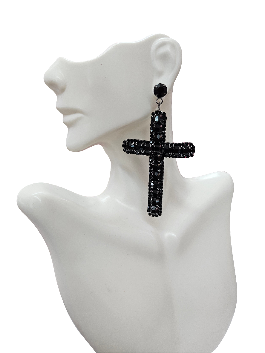 Black Rhinestone Cross Earrings