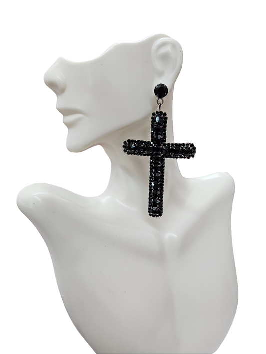 Black Rhinestone Cross Earrings