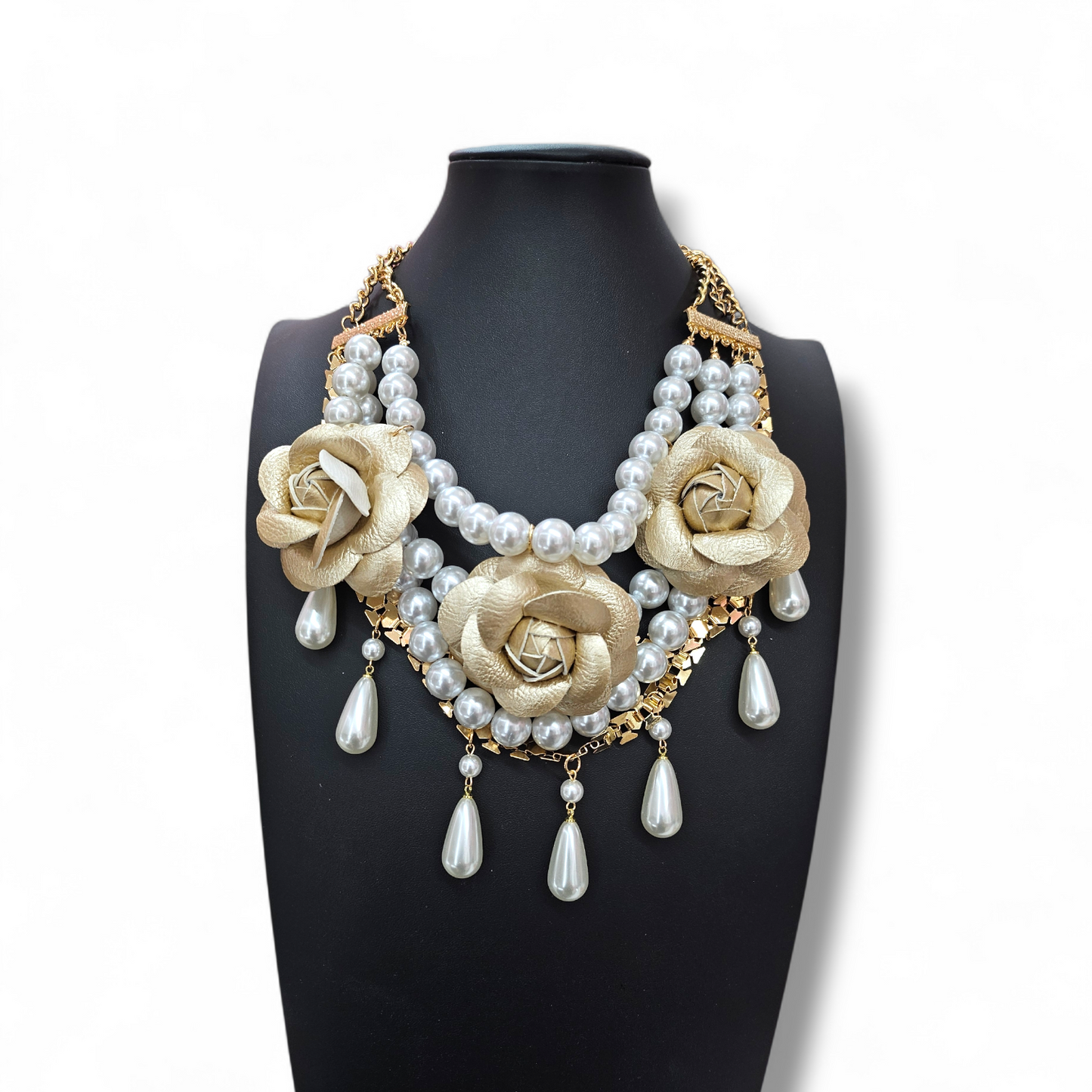 Gold leather Flower  Pearl Necklace