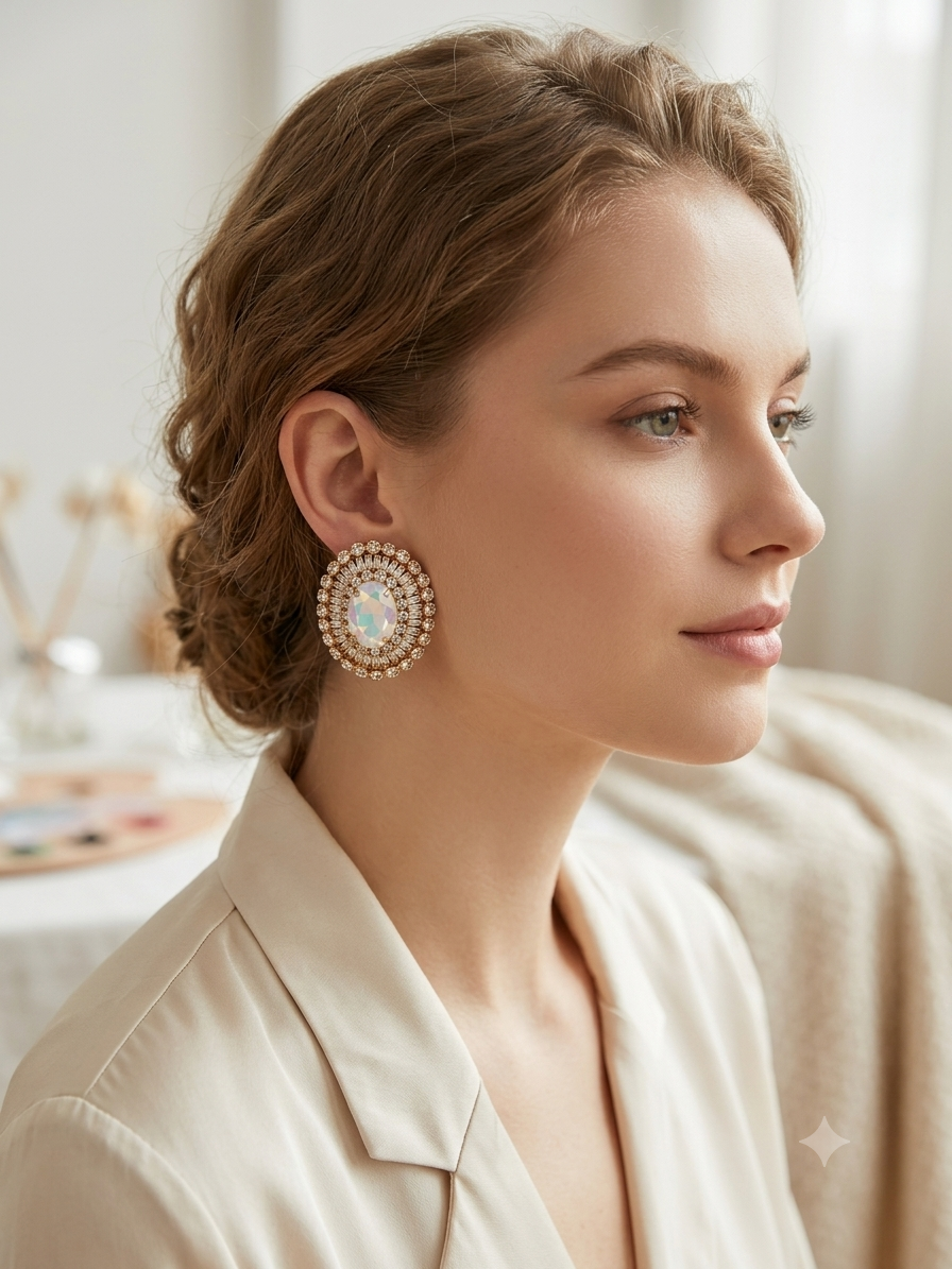 White opal cz gold earrings
