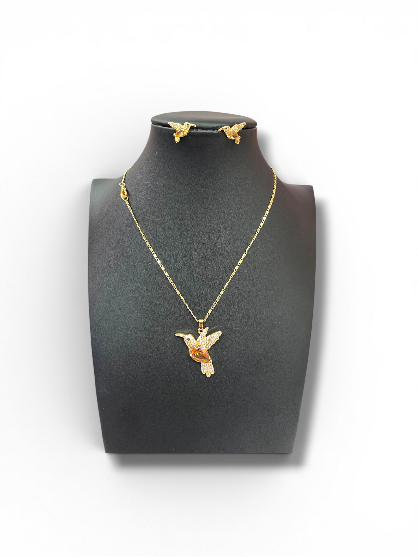 Gold humming bird necklace and earring