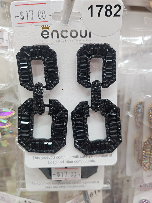 Black link baguette rhinestone earrings