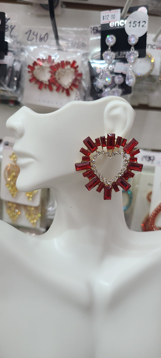 Post Gold Red Rhinestone Heart Earrings
