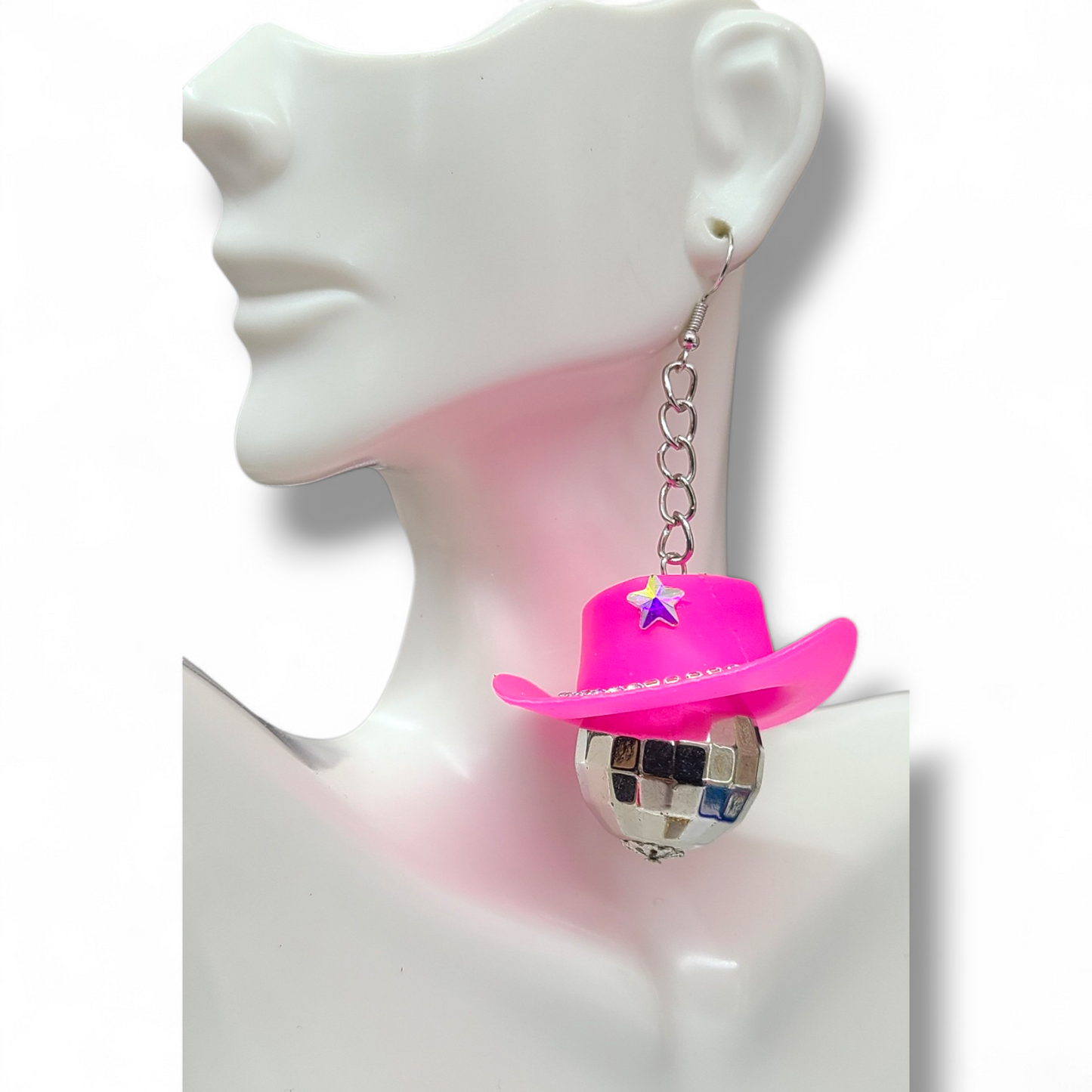 Star disco ball pink cowgirl hat earrings