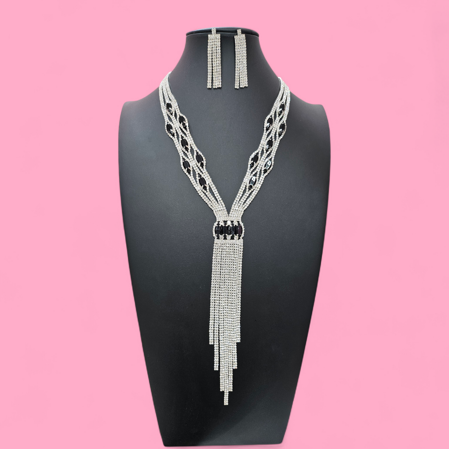 Silver Black Y Long necklace