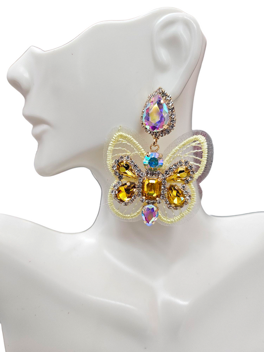 Yellow Rhinestone Butterfly Earrings