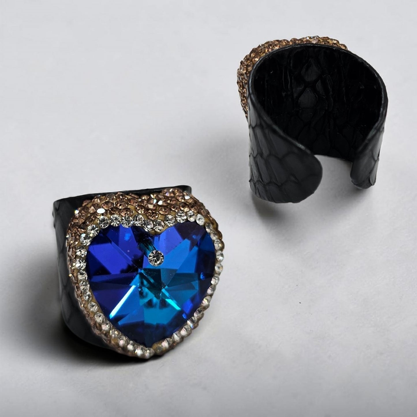 Leather Blue Crystal Heart Ring