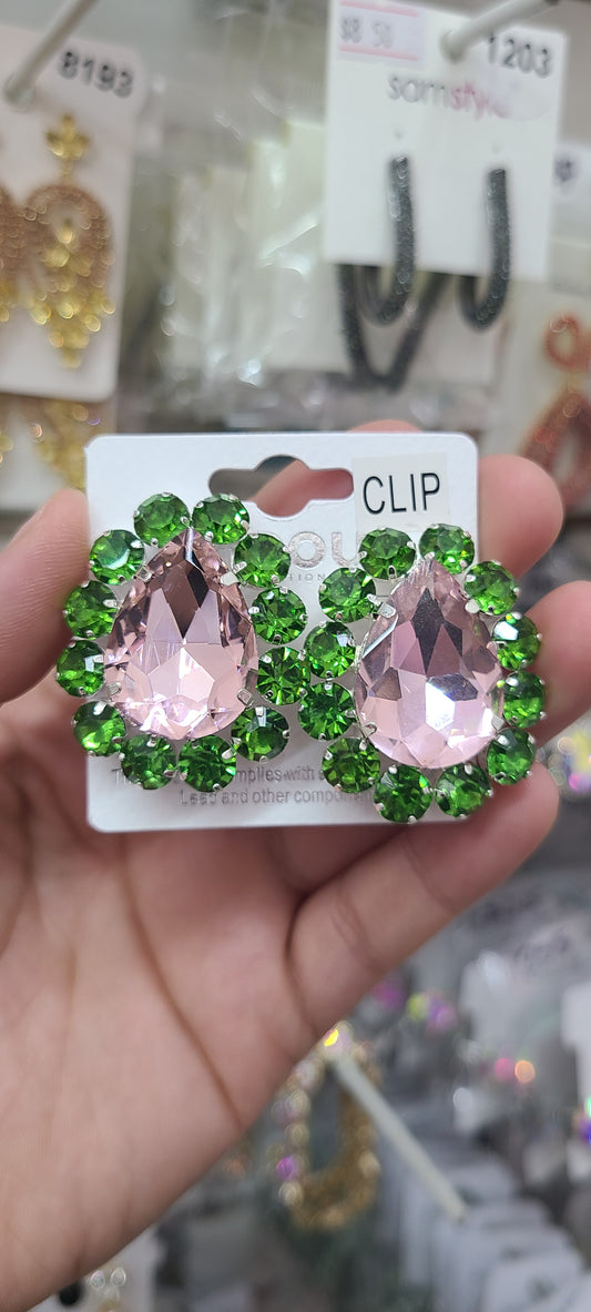 Pink Green Clip On Earrings