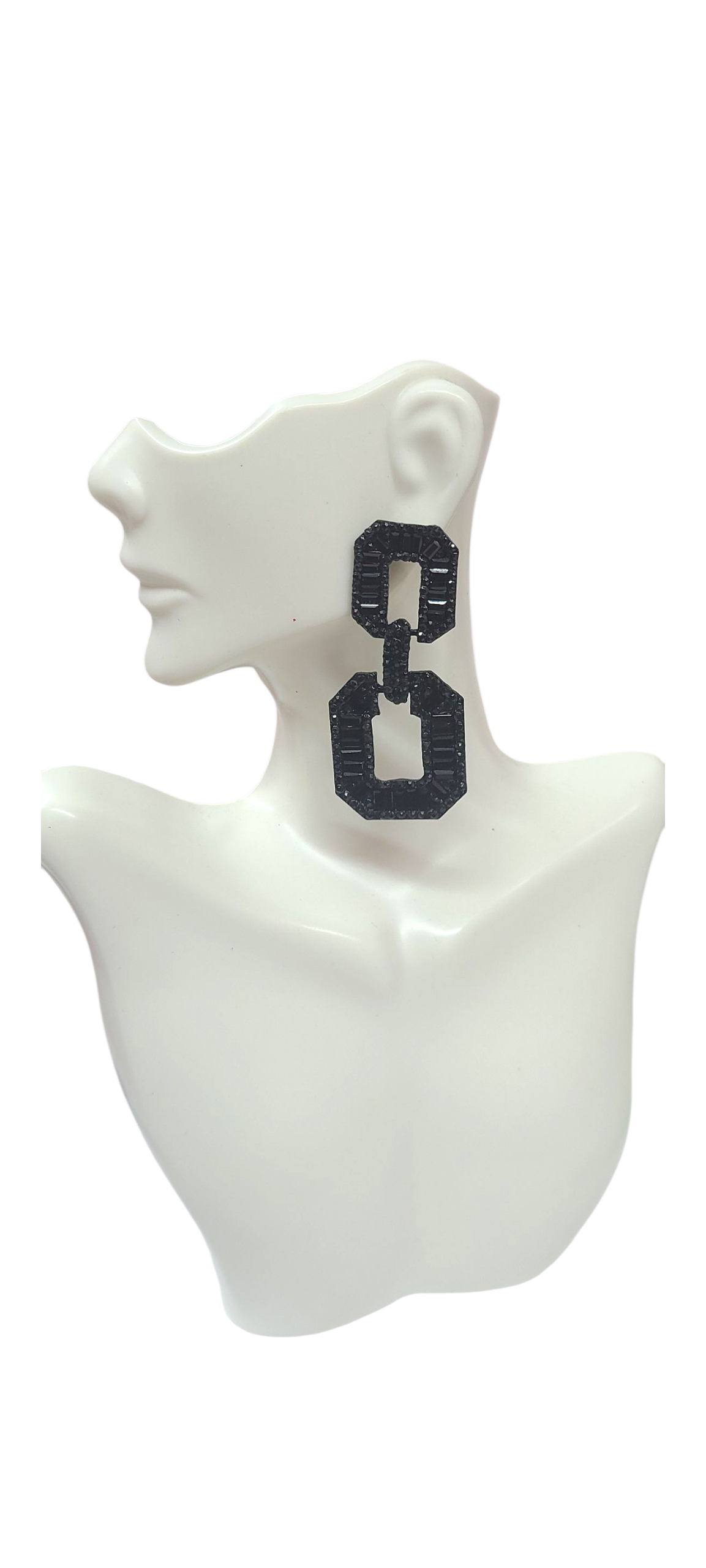 Black link baguette rhinestone earrings