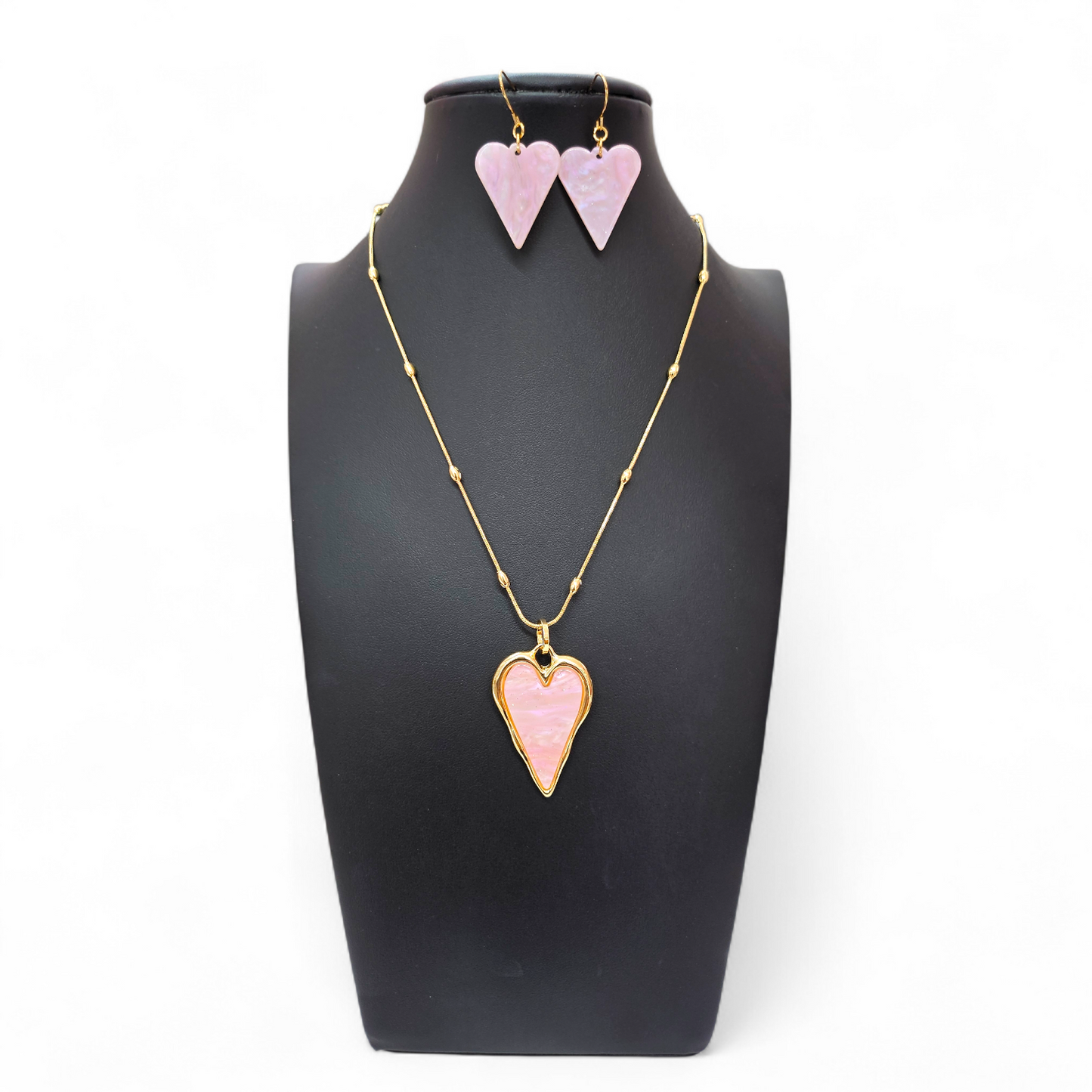 Gold plated pink marble heart necklace