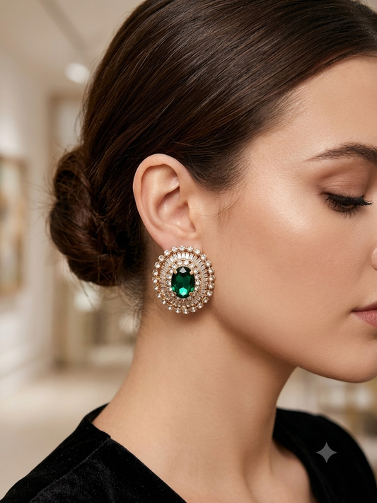 Emerald green cz gold earrings