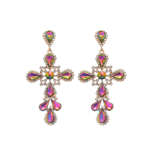 Oil slick cross earrings