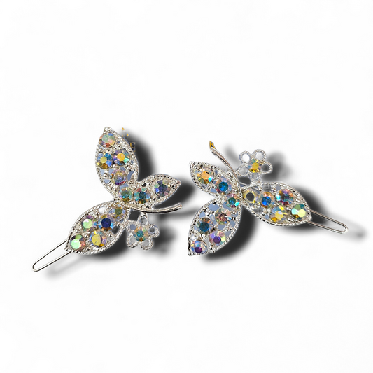 Silver AB Butterfly hair Clips