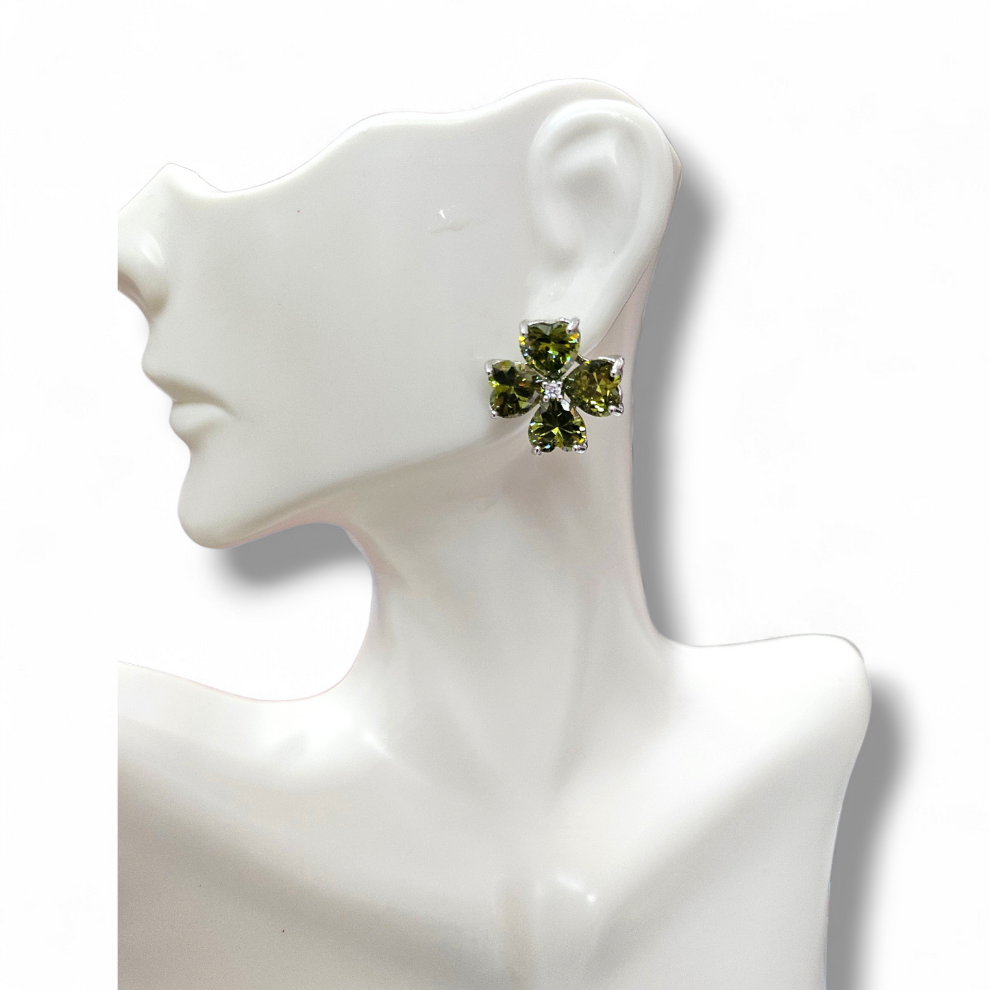Rhodium Green Clover studs