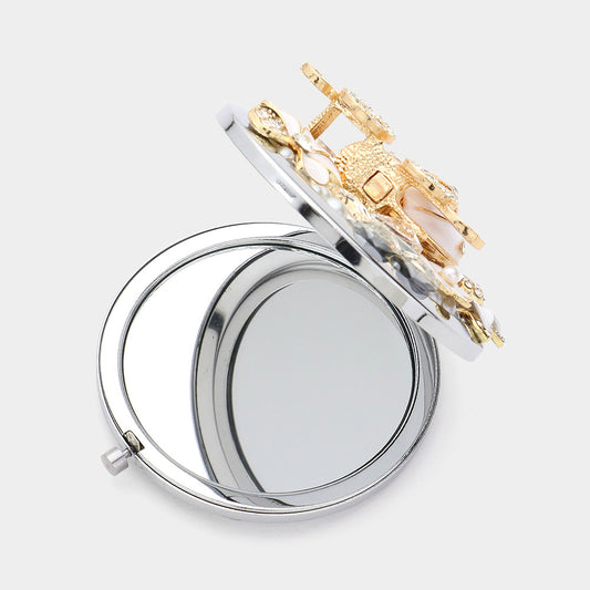 White carriage rhinestone pocket mirror