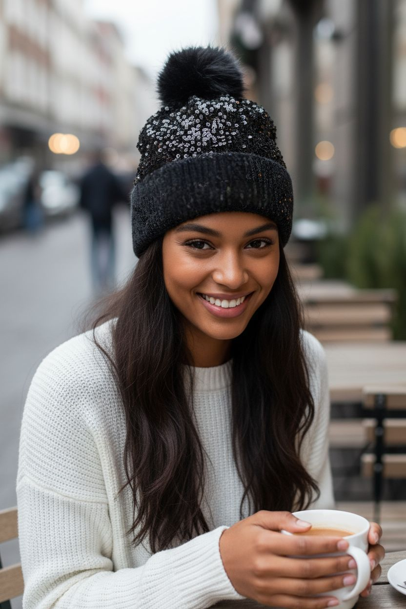 Black Sequin Beanie