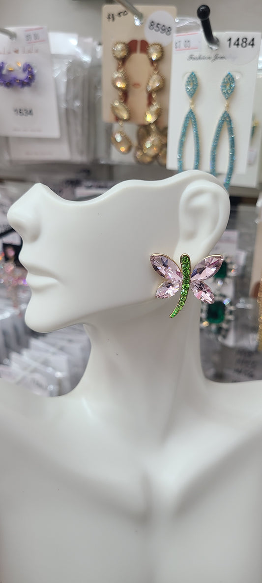 Pink green Dragon fly earrings