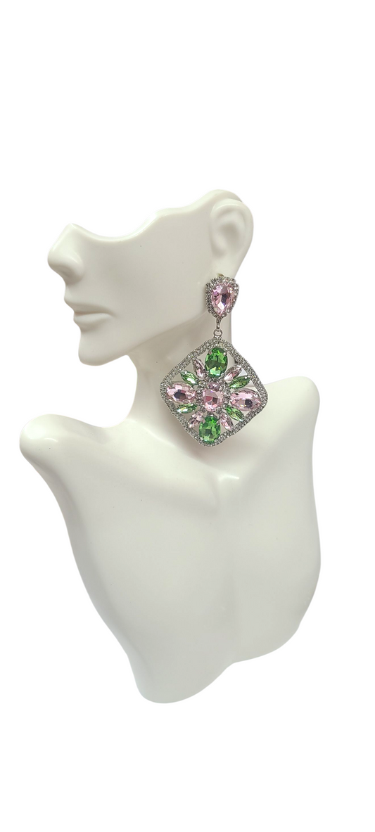 Pink green statement earrings