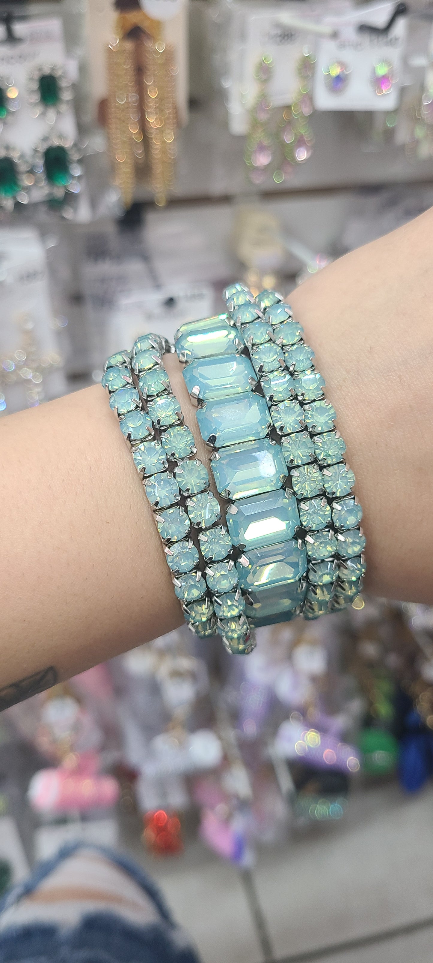 5 layer teal rhinestone stretchy bracelet
