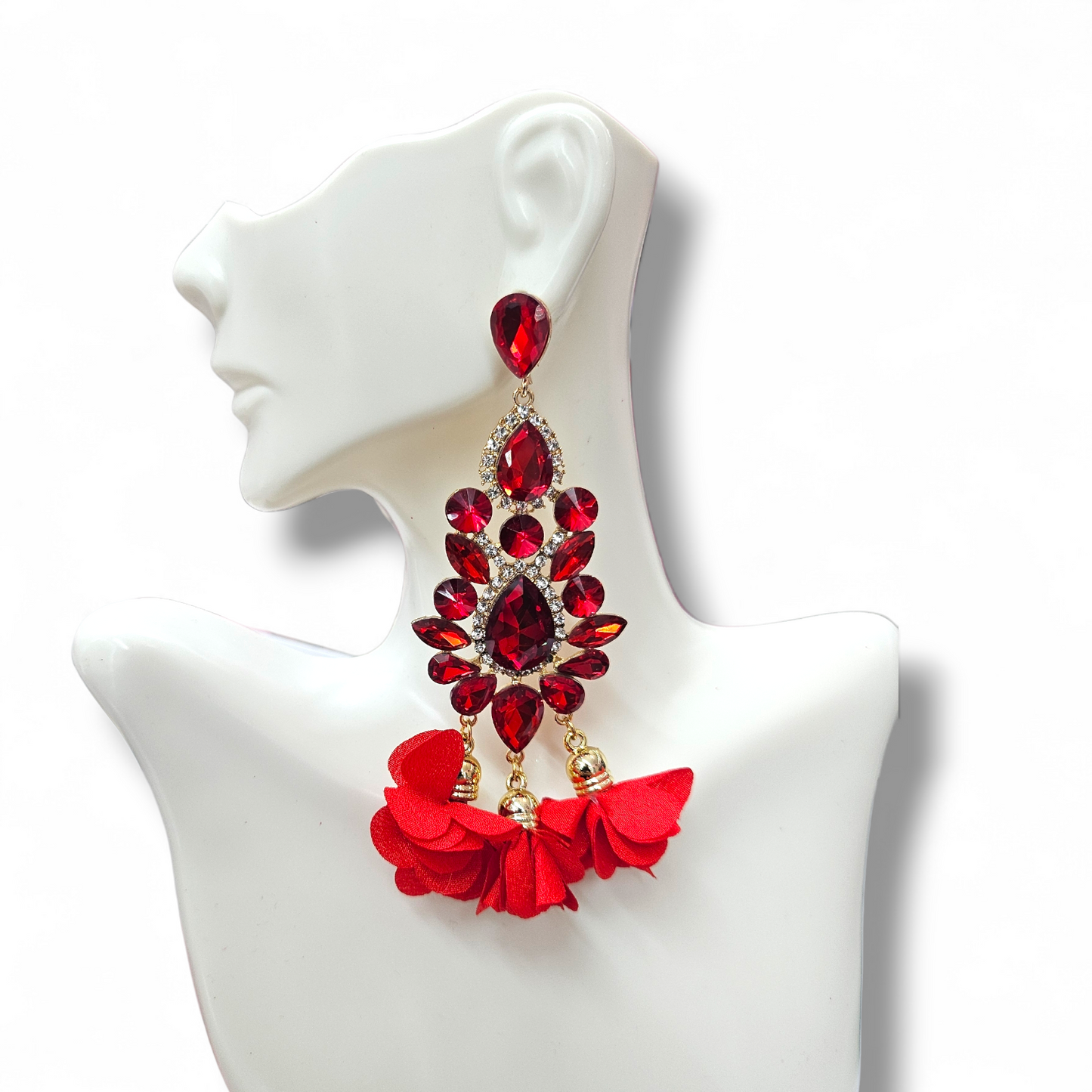 Red tassel statement earrings