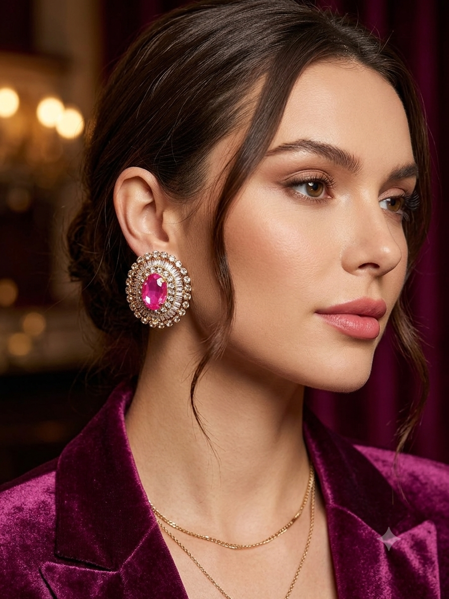 Hot pink opal cz gold earrings