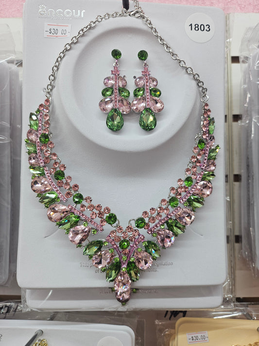 Rhinestone pink and green necklace