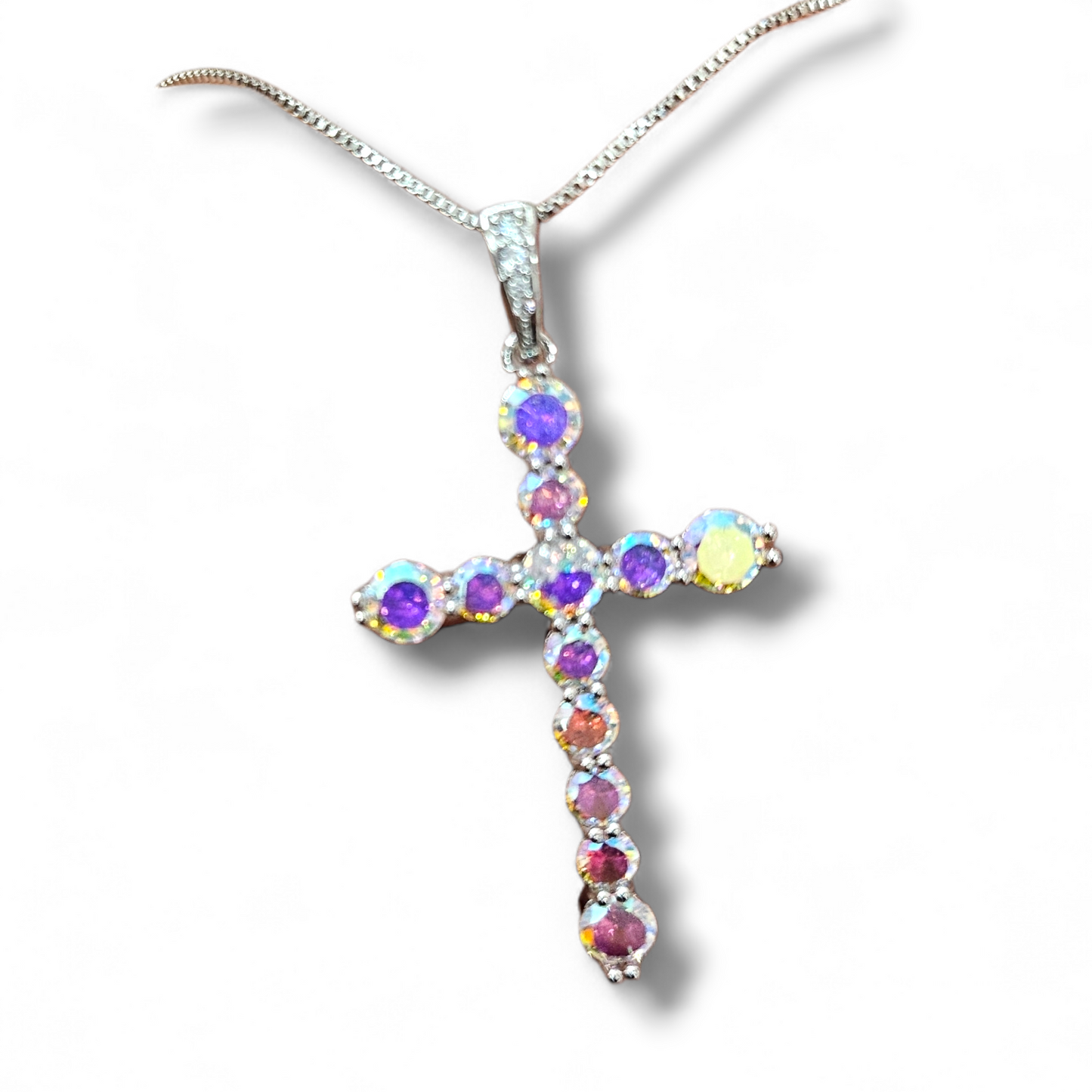 Iridescent cubic zirconia cross necklace