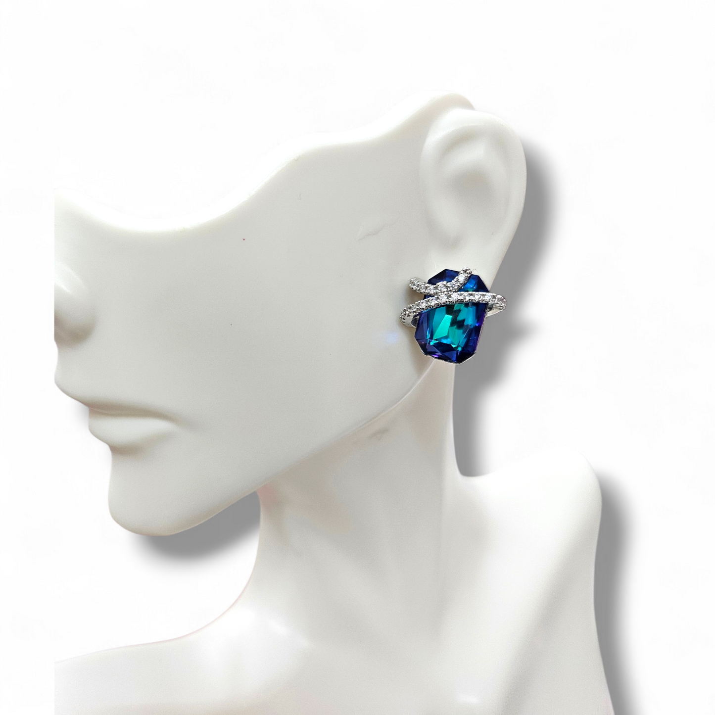 Rectangle blue Mermaid rhodium studs