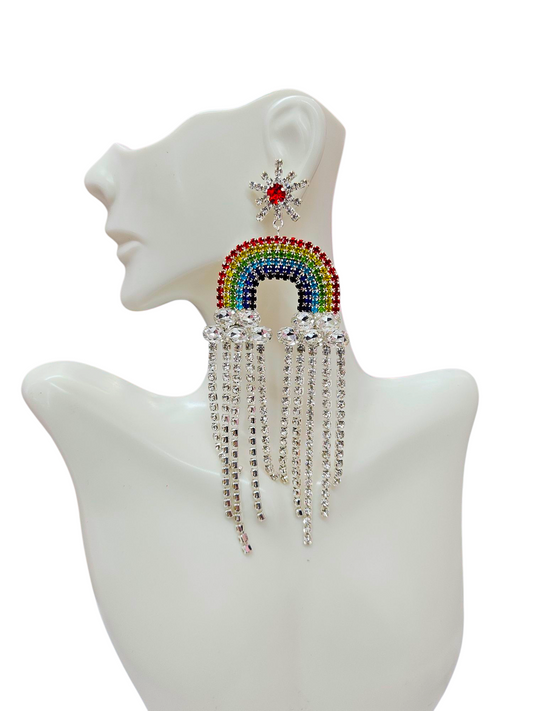 Rhodium  rainbow tassel earrings