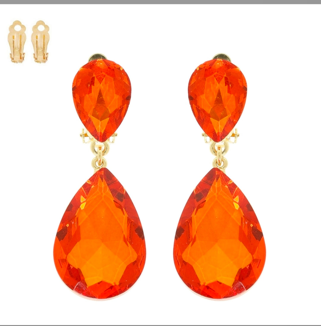 Orange Crystal clip on earrings