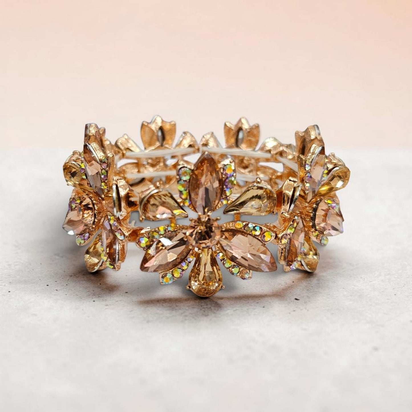 Peach Rhinestone Flower Bracelet