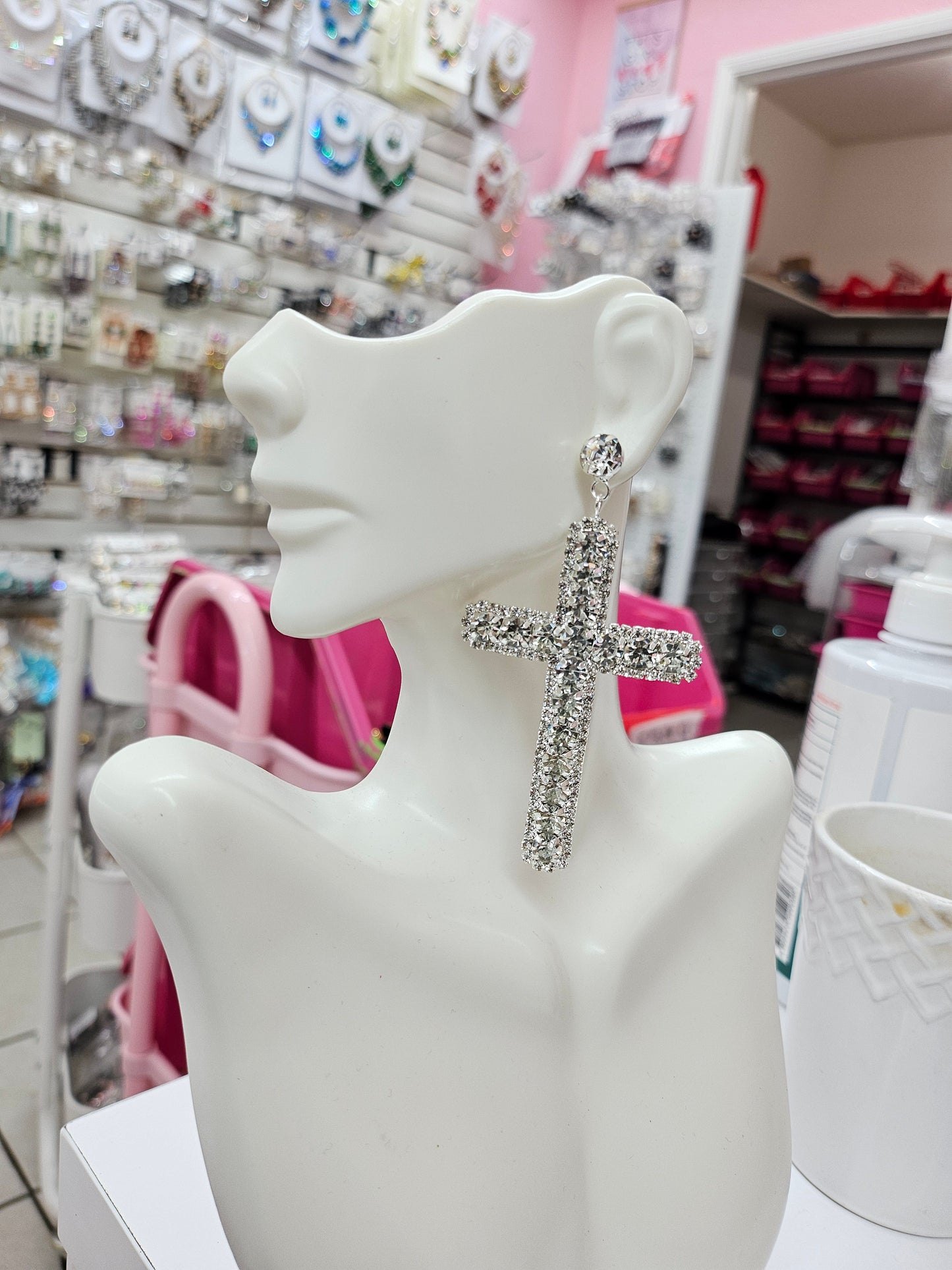 Silver Rhinestone Cross Earrings